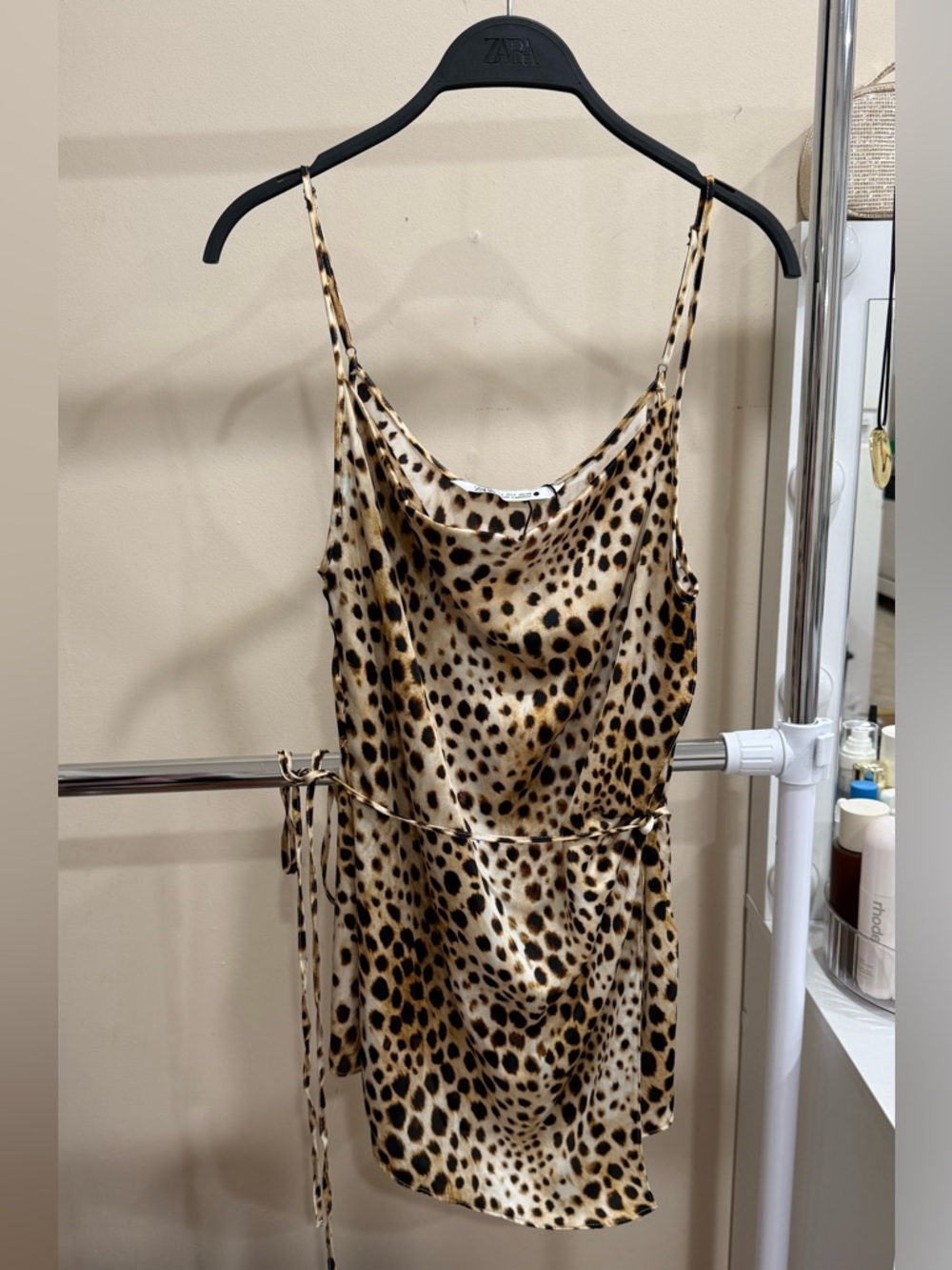 ZARA Leopard Print Satin Cowl Neck Top Tie Waist Cami Size S NWT